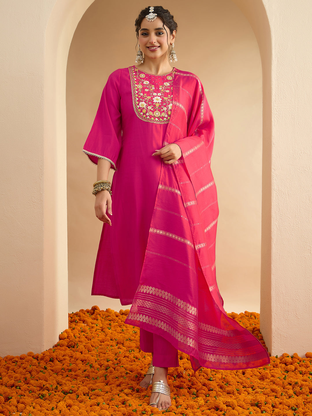 Janasya Women's Pink Chanderi Silk Zari Yoke Embroidered Straight Kurta Set