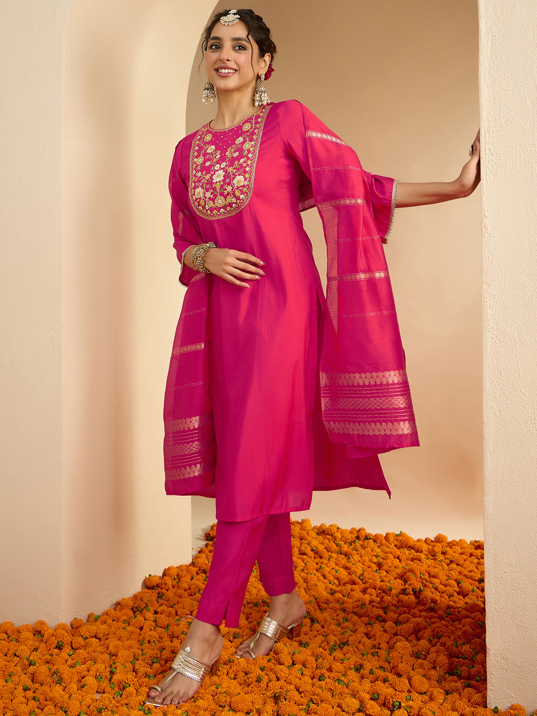 Janasya Women's Pink Chanderi Silk Zari Yoke Embroidered Straight Kurta Set