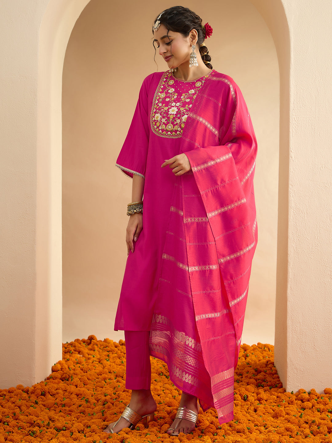 Janasya Women's Pink Chanderi Silk Zari Yoke Embroidered Straight Kurta Set