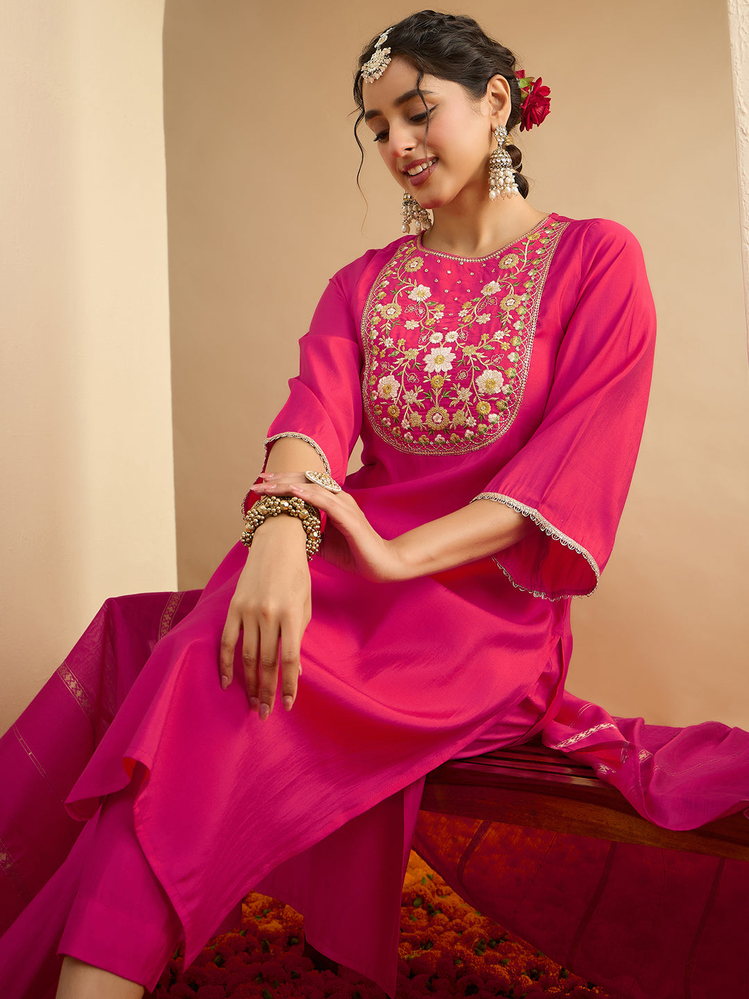 Janasya Women's Pink Chanderi Silk Zari Yoke Embroidered Straight Kurta Set