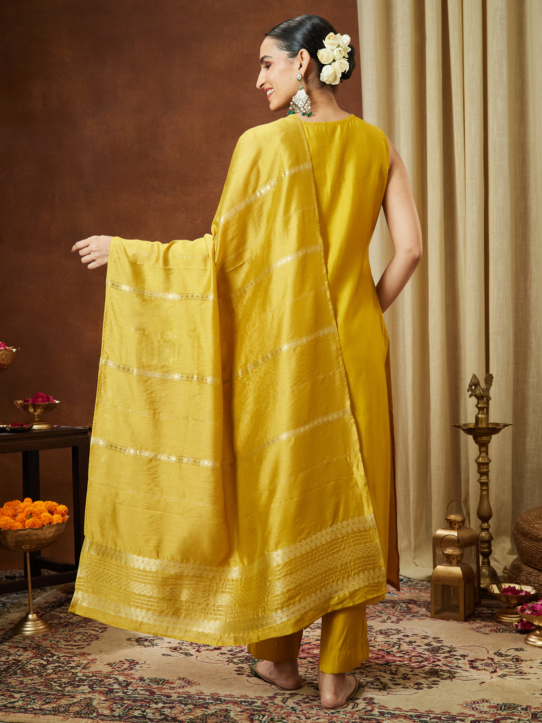 Janasya Women's Mustard Chanderi Silk Yoke Embroidered Straight Kurta Set