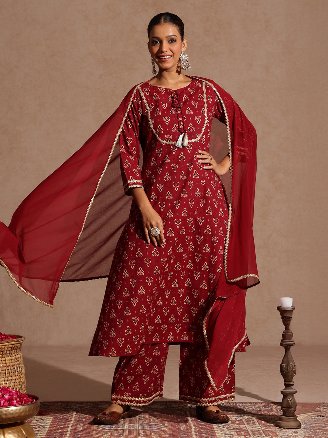 Janasya Women's Maroon Pure Cotton Floral Printed A-line Kurta With Palazzo & Dupatta Set