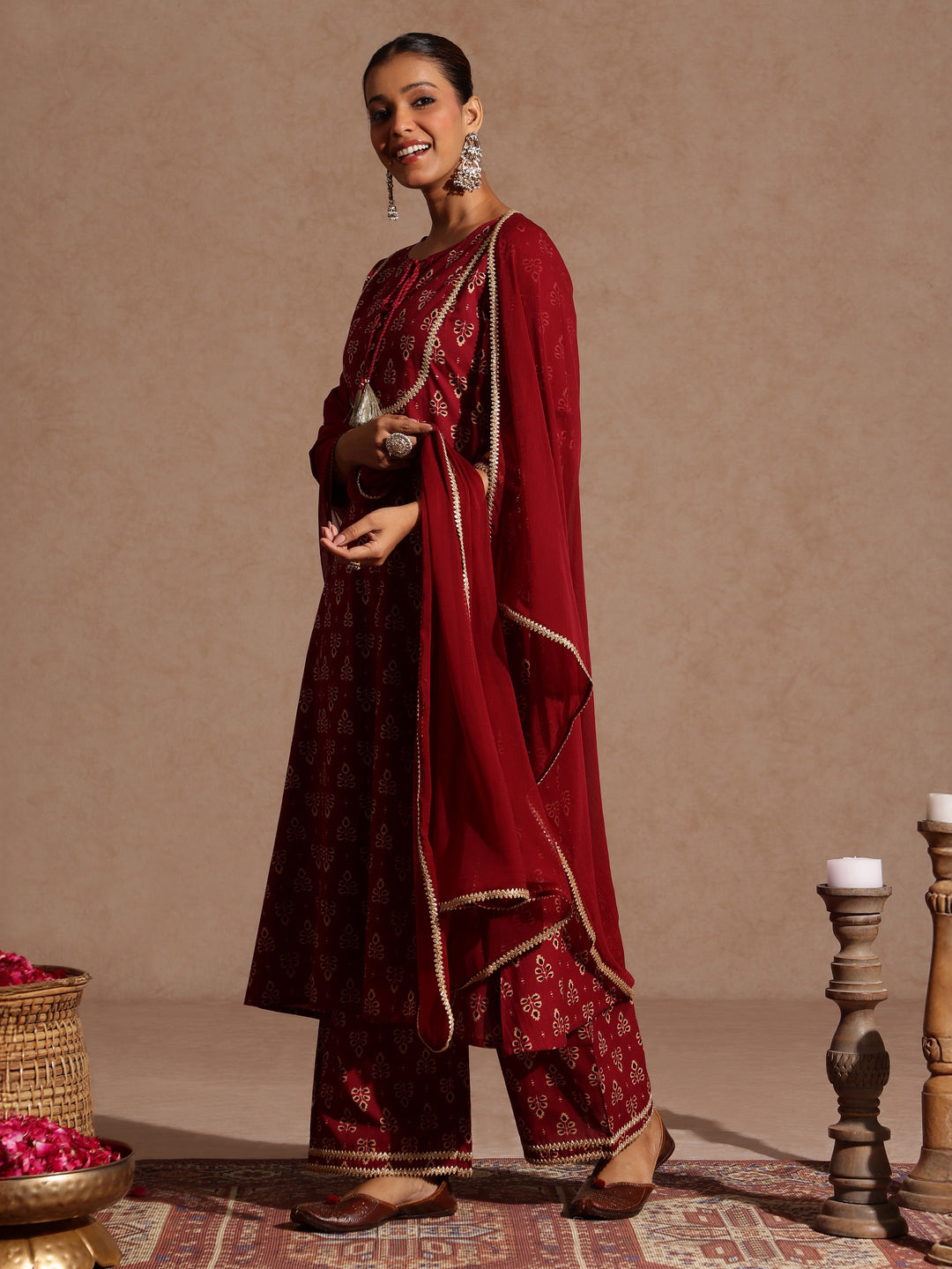 Janasya Women's Maroon Pure Cotton Floral Printed A-line Kurta With Palazzo & Dupatta Set