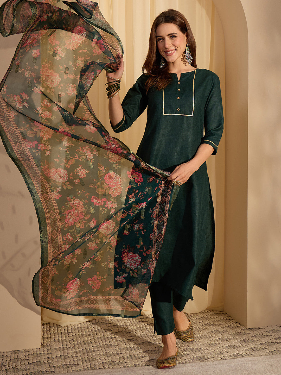 Janasya Women's Dark Green Cotton Blend Yoke Design Straight Kurta Set with Printed Jacquard Dupatta