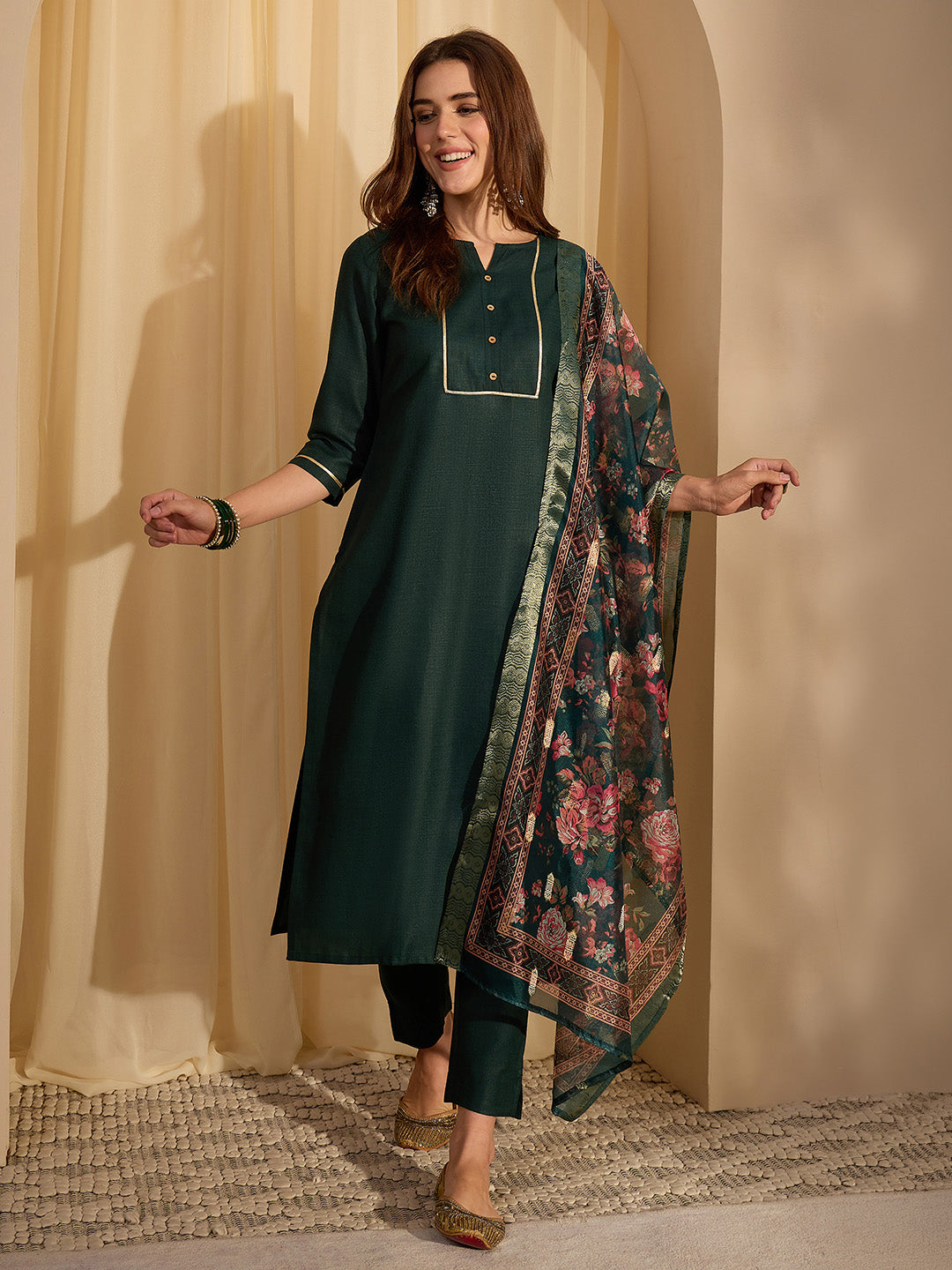 Janasya Women's Dark Green Cotton Blend Yoke Design Straight Kurta Set with Printed Jacquard Dupatta