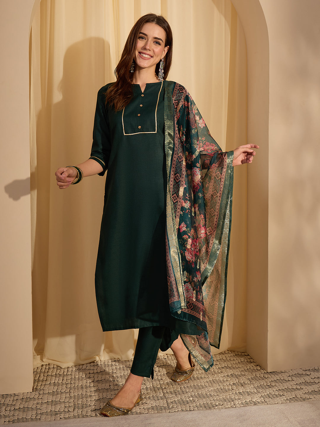 Janasya Women's Dark Green Cotton Blend Yoke Design Straight Kurta Set with Printed Jacquard Dupatta