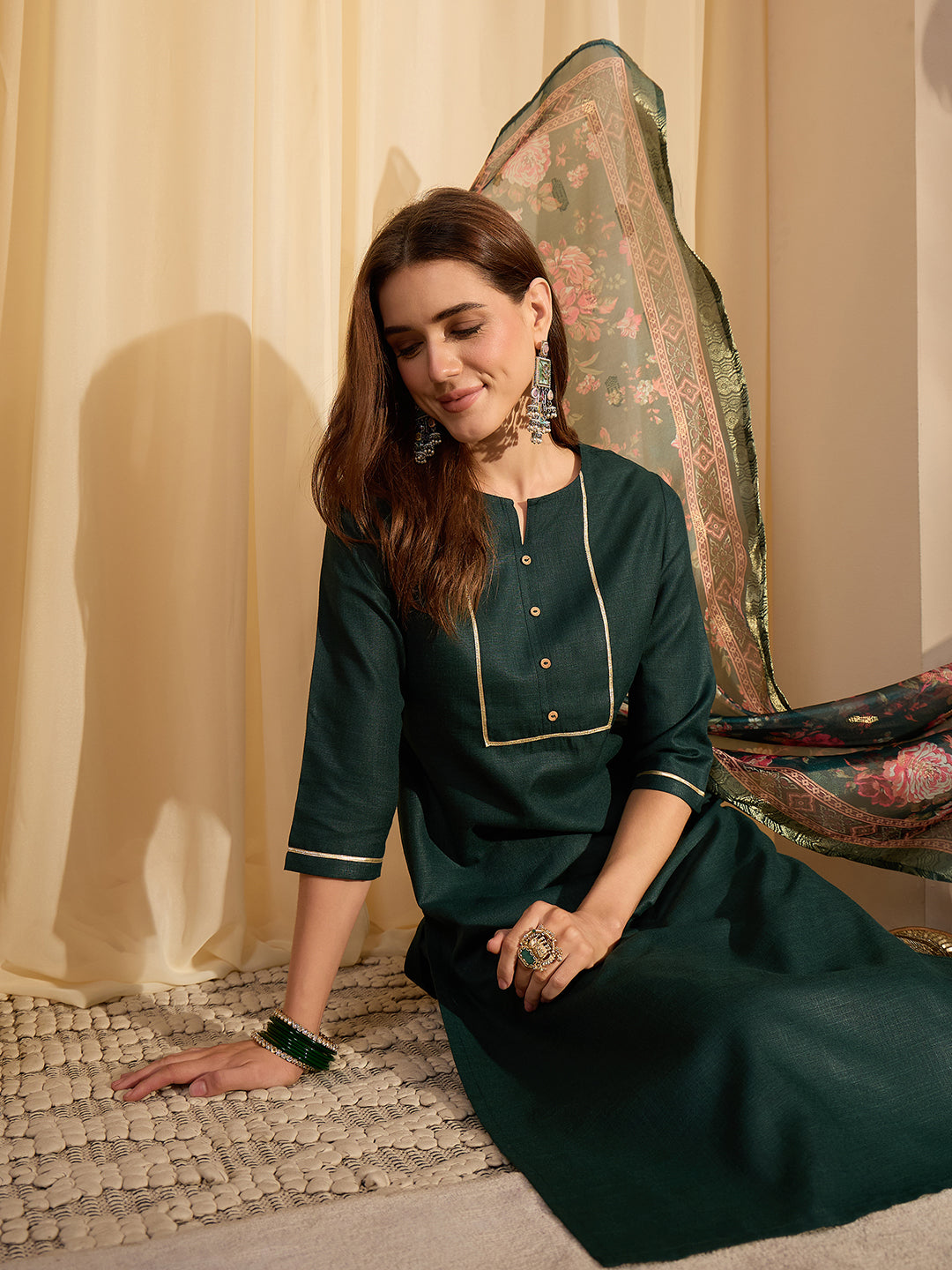 Janasya Women's Dark Green Cotton Blend Yoke Design Straight Kurta Set with Printed Jacquard Dupatta