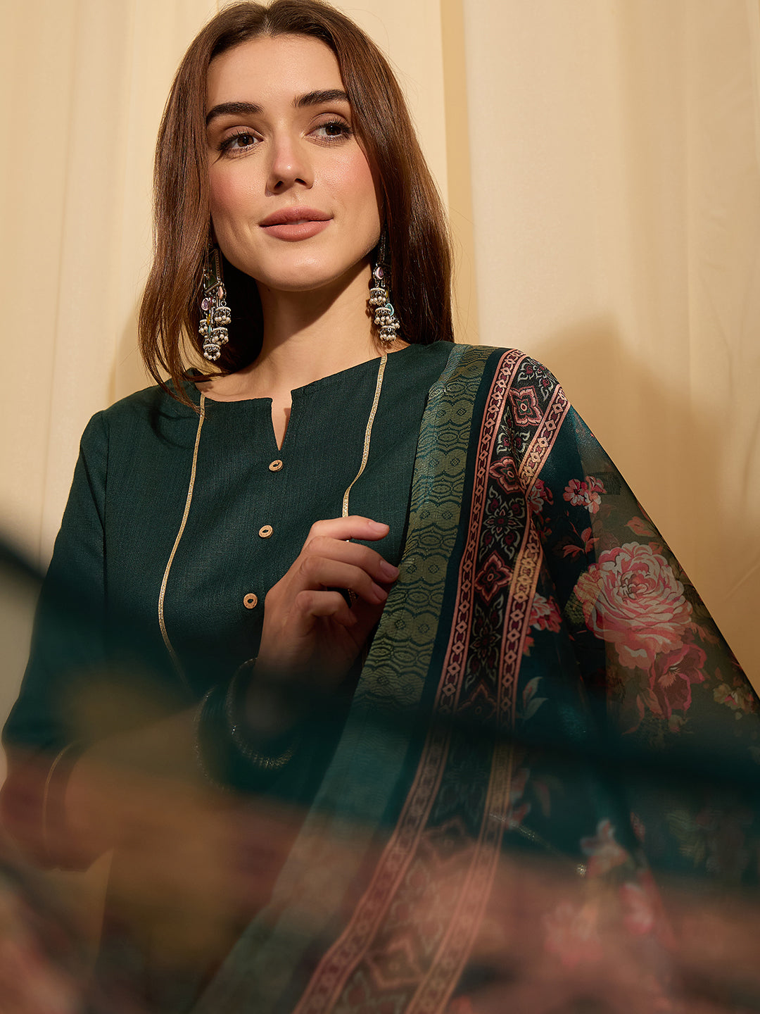 Janasya Women's Dark Green Cotton Blend Yoke Design Straight Kurta Set with Printed Jacquard Dupatta