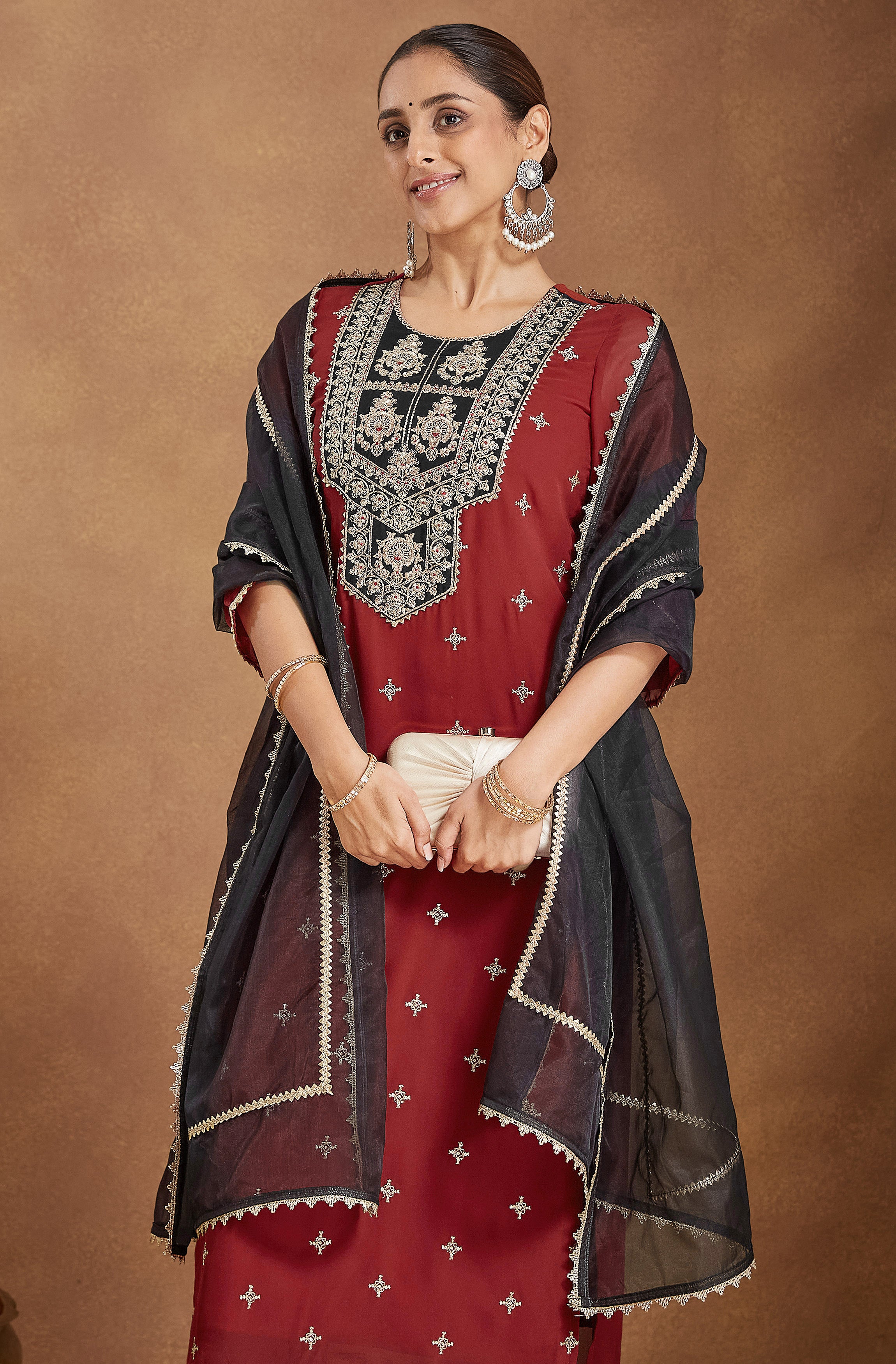 Janasya Women's Red Chanderi Silk Embroidered Straight Kurta Set