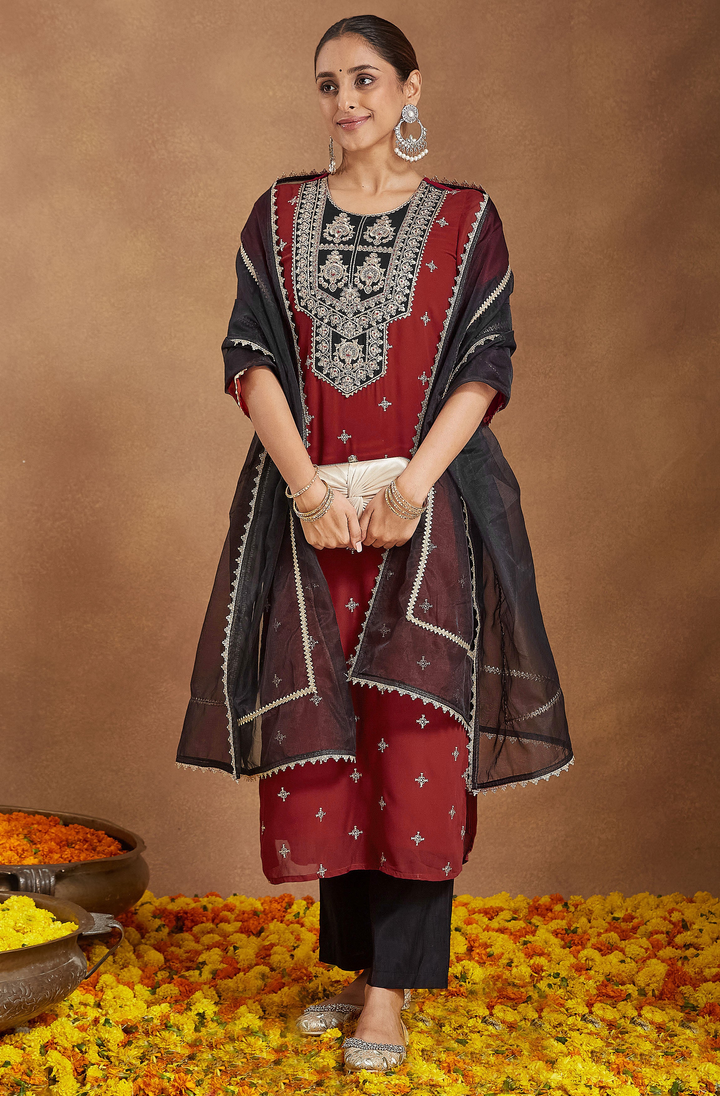 Janasya Women's Red Chanderi Silk Embroidered Straight Kurta Set