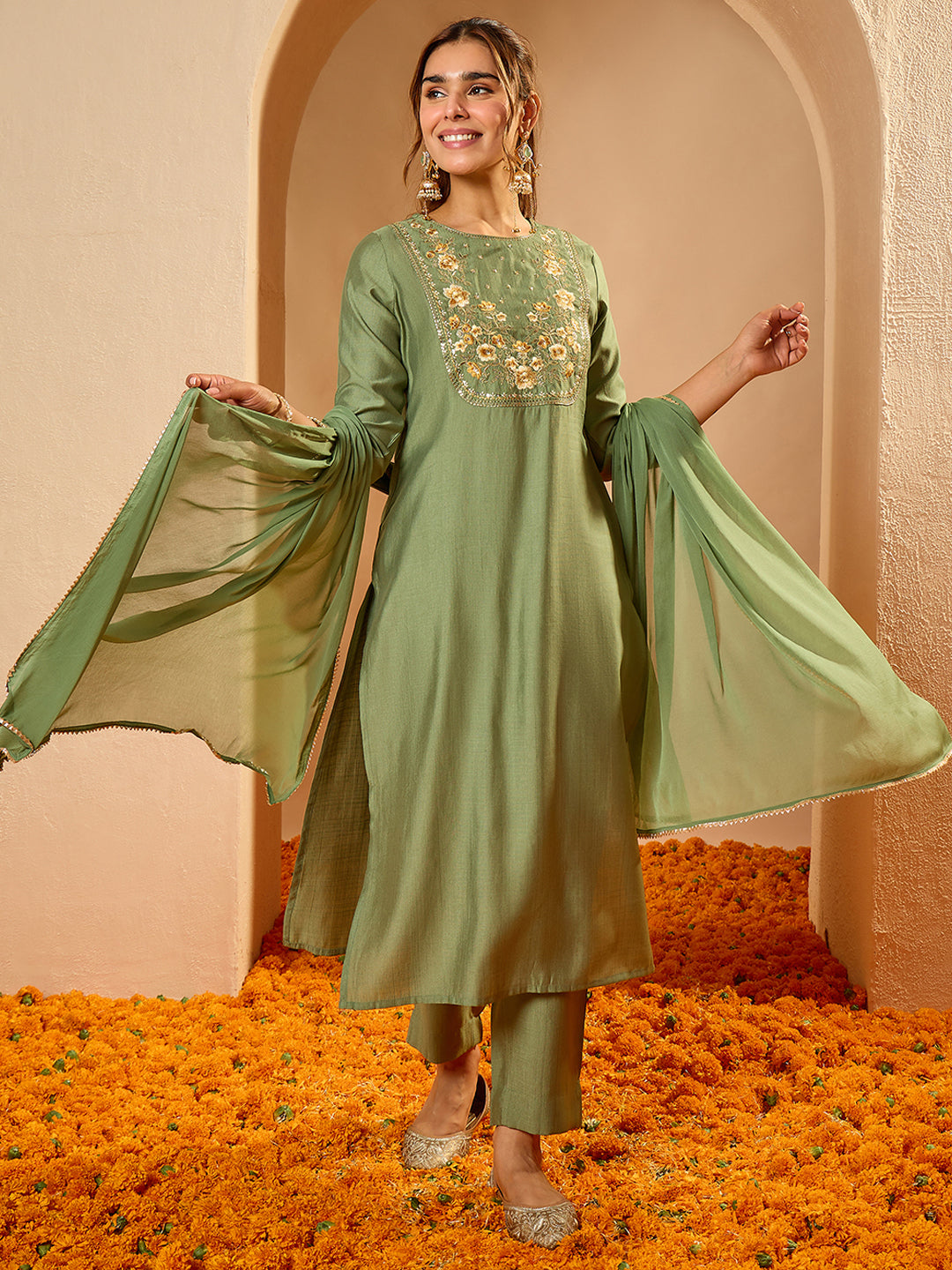 Janasya Women's Sage Green Silk Blend Zari Floral Yoke Embroidered Straight Kurta Set