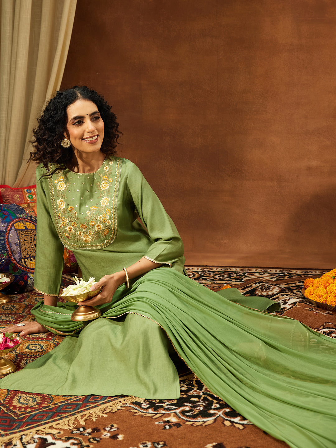 Janasya Women's Sage Green Silk Blend Zari Yoke Embroidered Straight Kurta Set