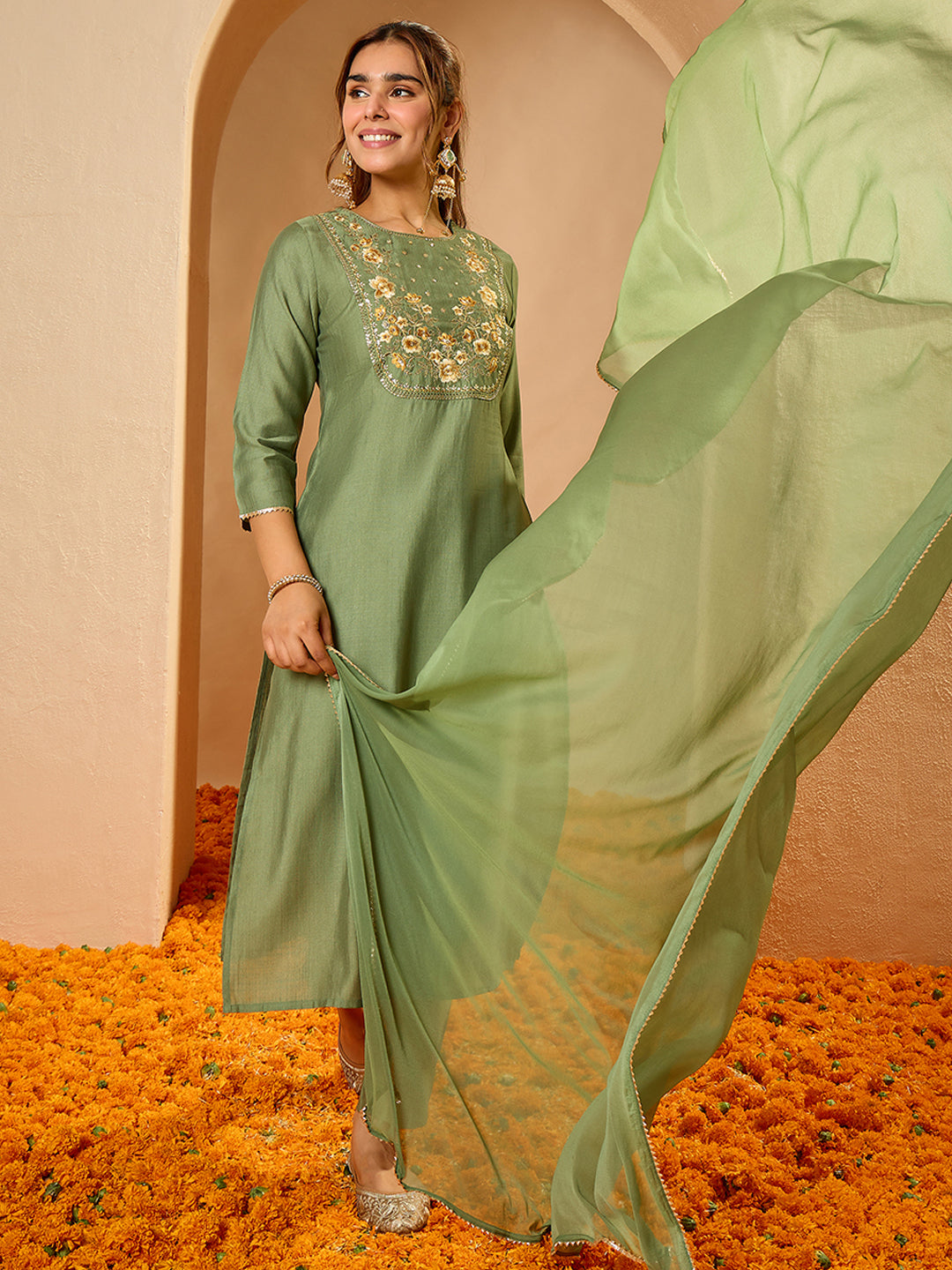 Janasya Women's Sage Green Silk Blend Zari Floral Yoke Embroidered Straight Kurta Set