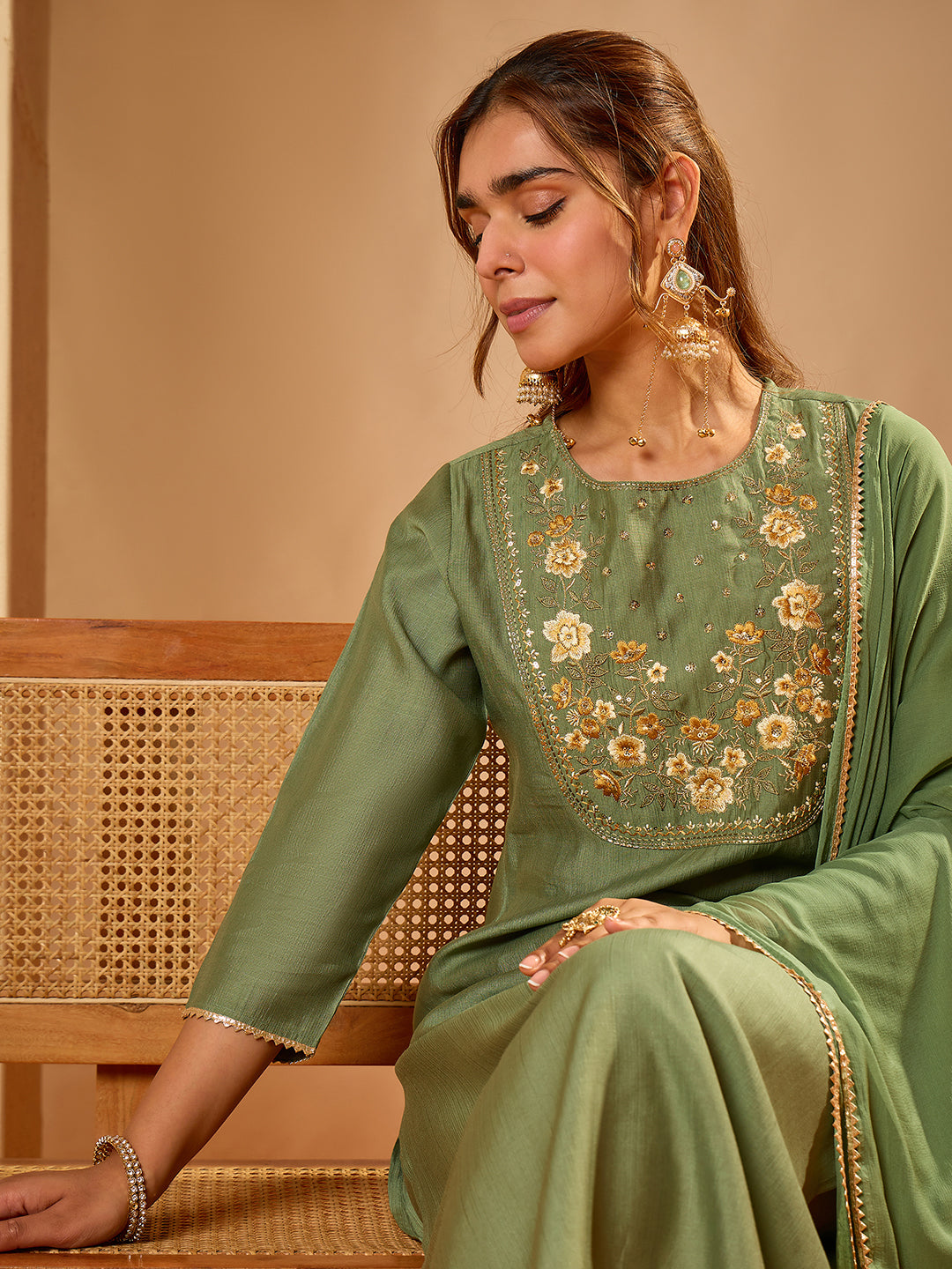 Janasya Women's Sage Green Silk Blend Zari Floral Yoke Embroidered Straight Kurta Set