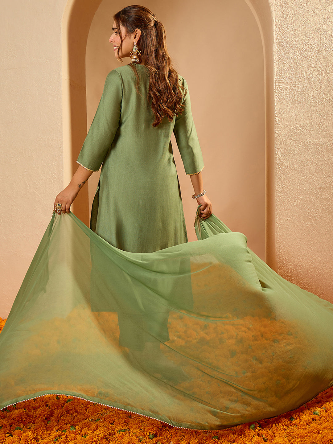Janasya Women's Sage Green Silk Blend Zari Floral Yoke Embroidered Straight Kurta Set