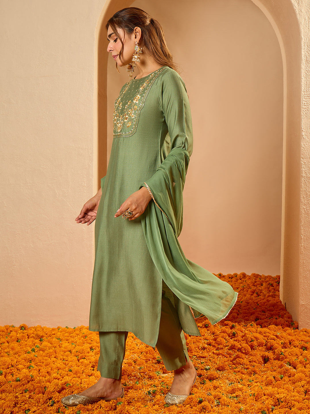 Janasya Women's Sage Green Silk Blend Zari Floral Yoke Embroidered Straight Kurta Set