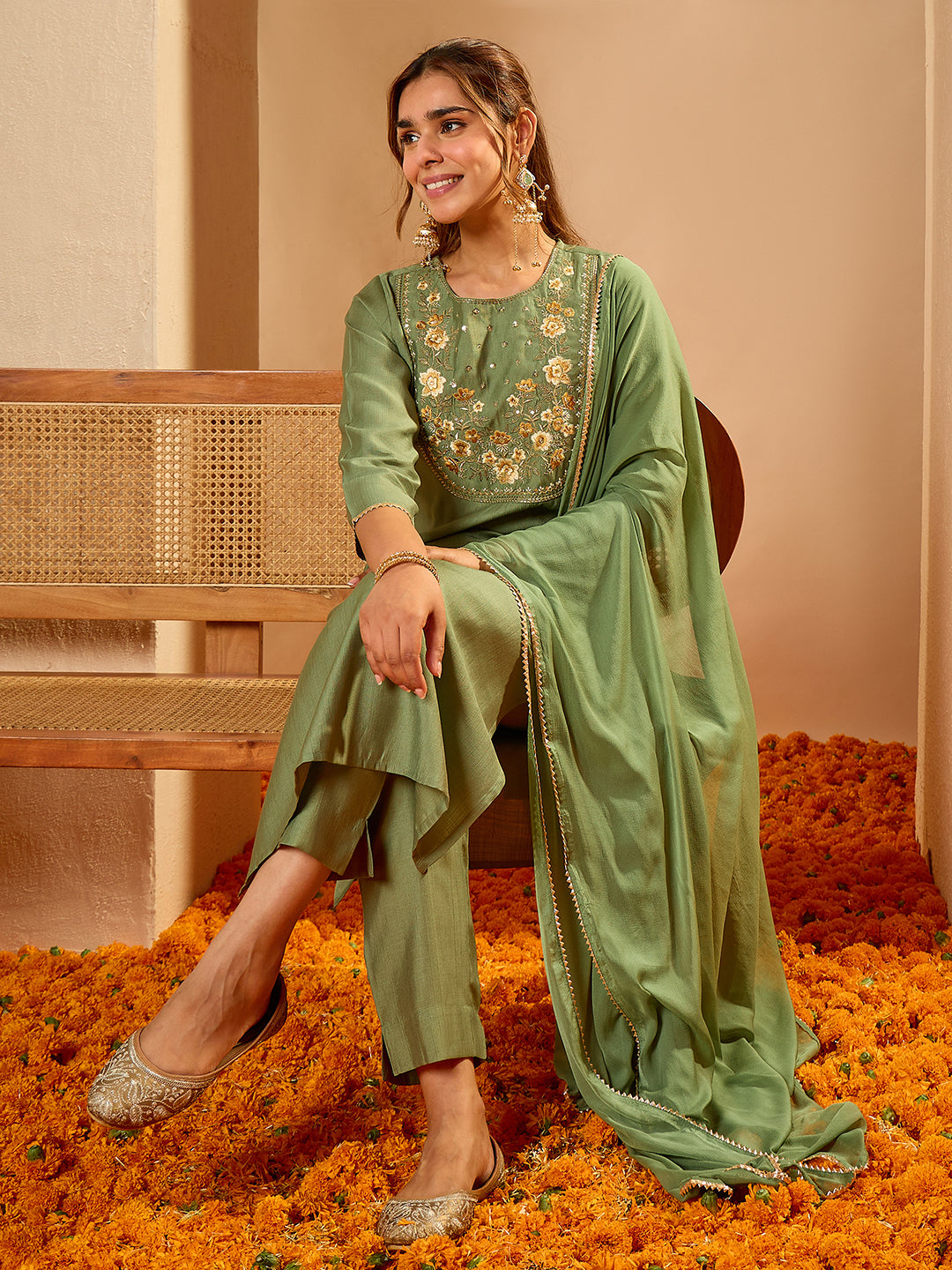 Janasya Women's Sage Green Silk Blend Zari Floral Yoke Embroidered Straight Kurta Set