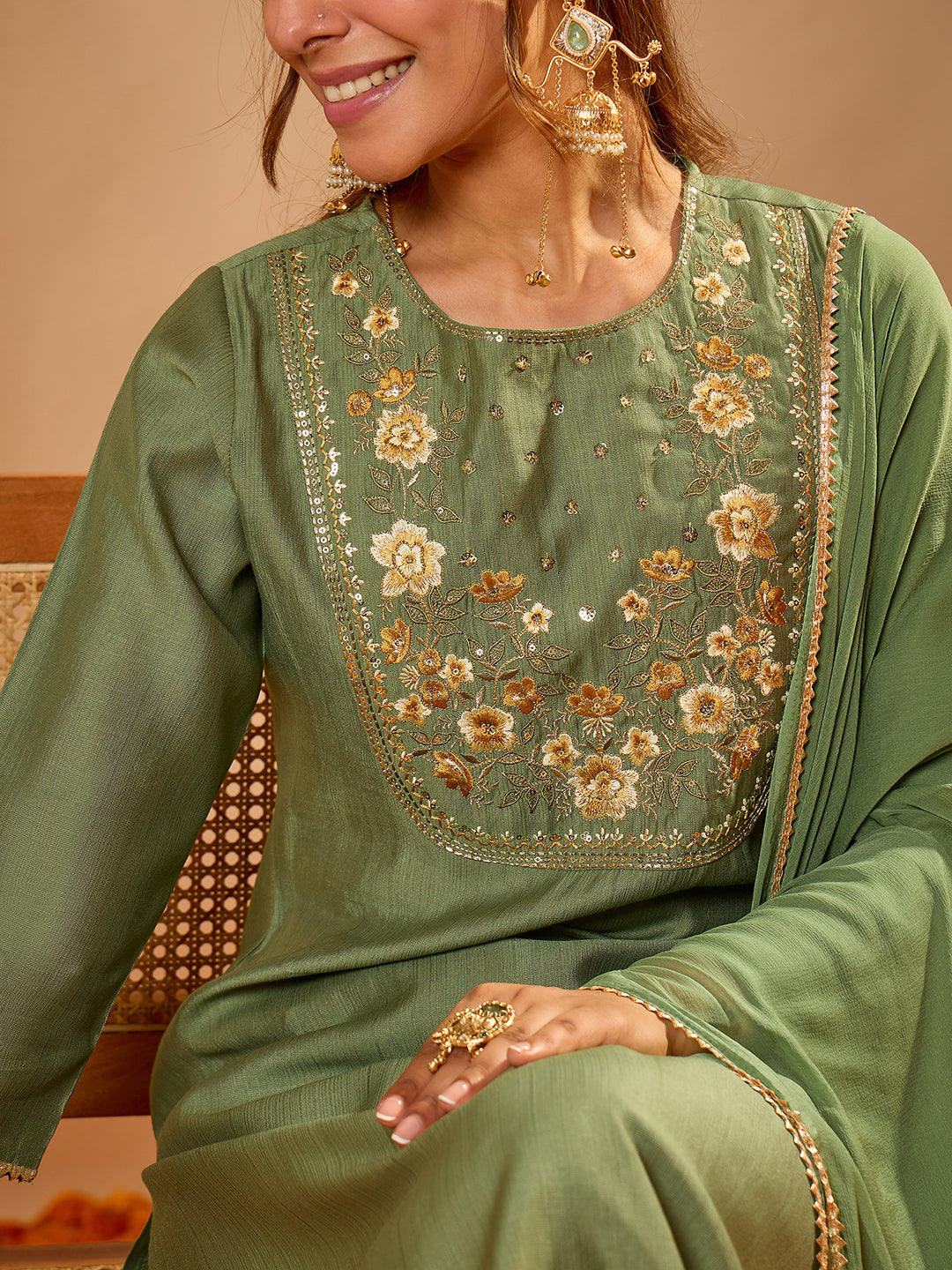 Janasya Women's Sage Green Silk Blend Zari Floral Yoke Embroidered Straight Kurta Set