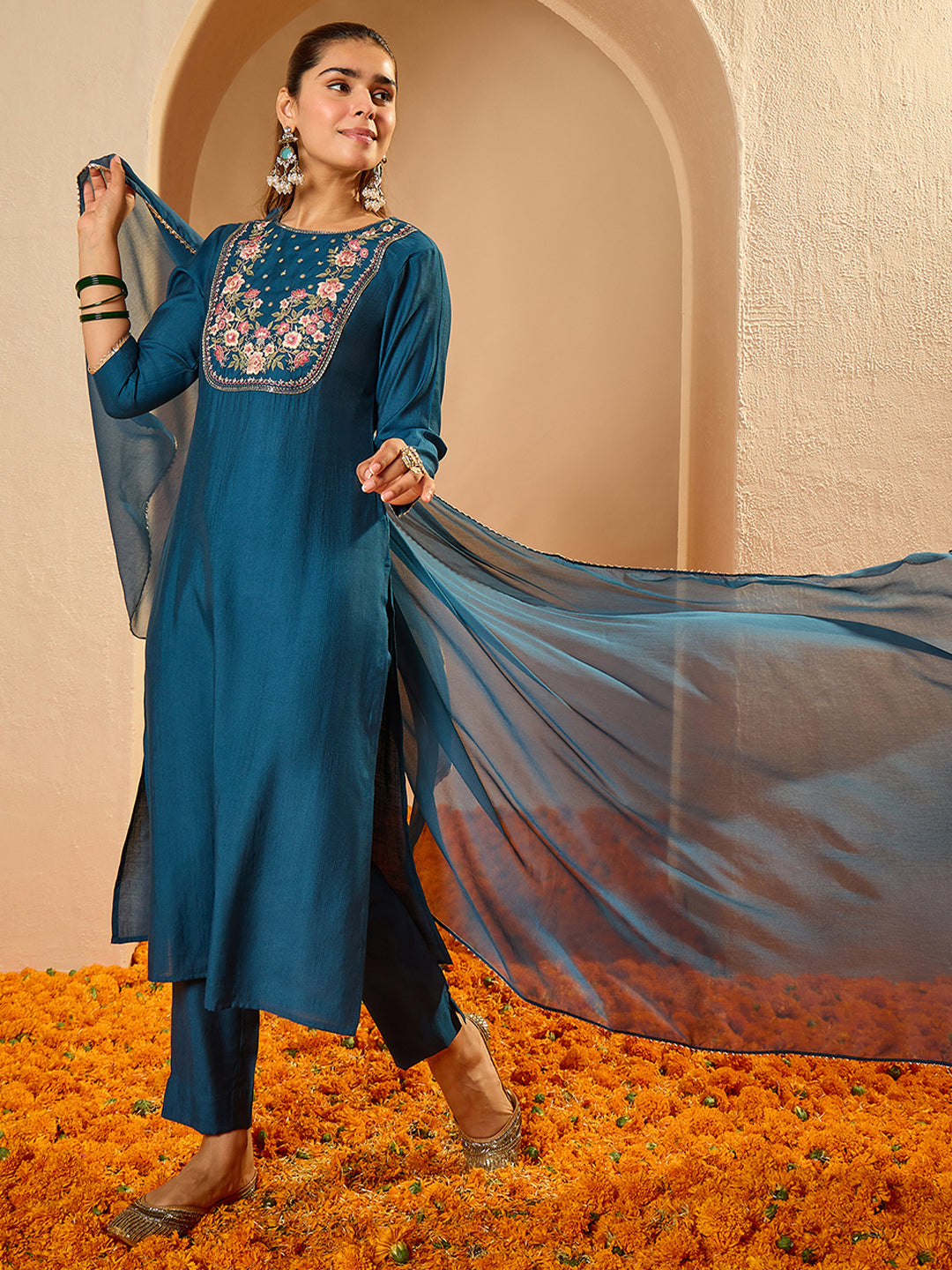 Janasya Women's Teal Blue Silk Blend Floral Yoke Embroidered Straight Kurta Set