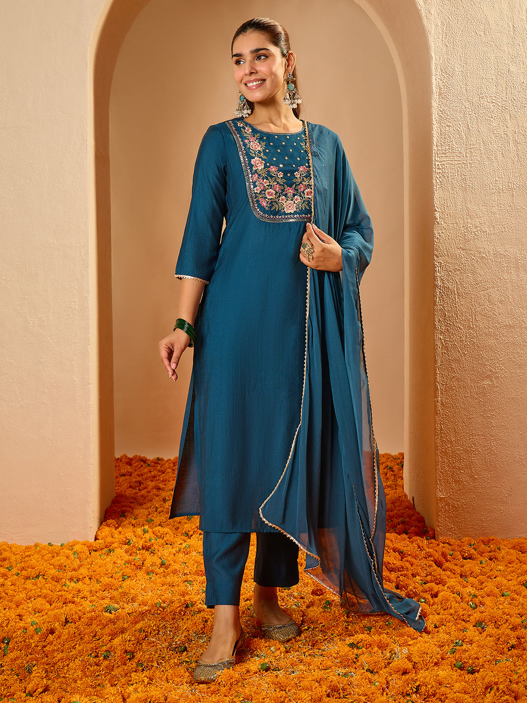 Janasya Women's Teal Blue Silk Blend Floral Yoke Embroidered Straight Kurta Set