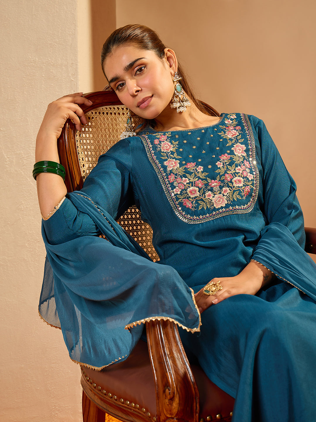 Janasya Women's Teal Blue Silk Blend Floral Yoke Embroidered Straight Kurta Set