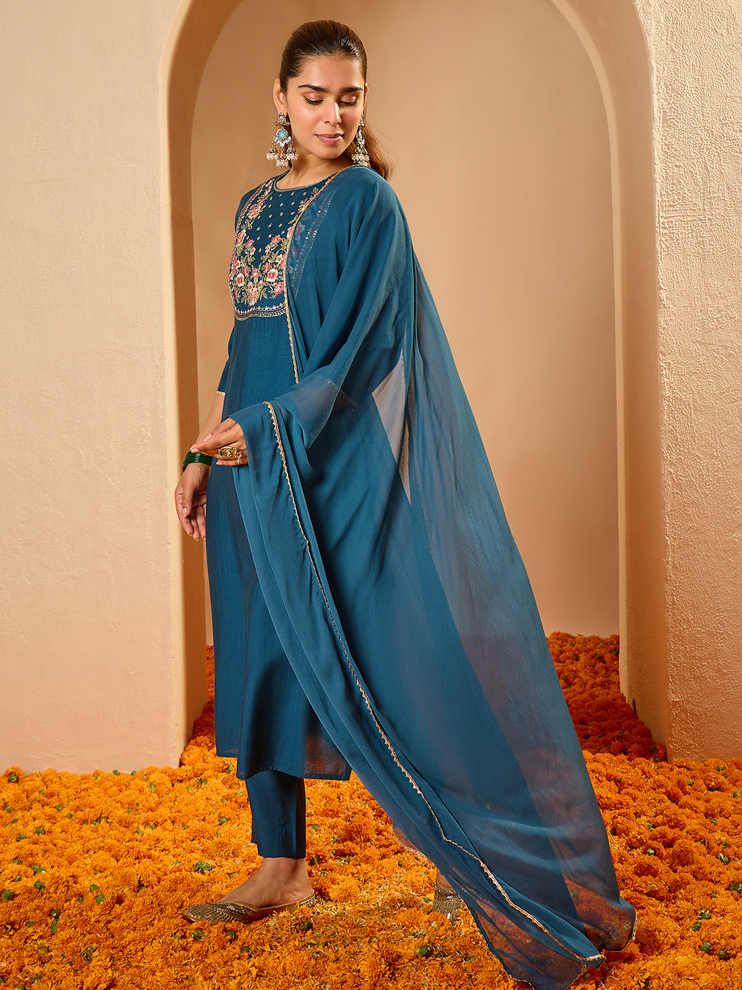 Janasya Women's Teal Blue Silk Blend Floral Yoke Embroidered Straight Kurta Set