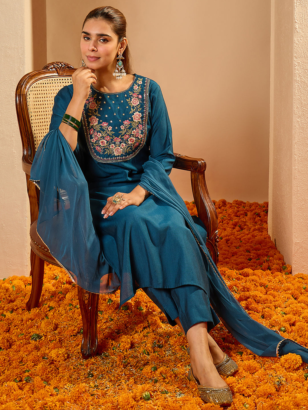 Janasya Women's Teal Blue Silk Blend Floral Yoke Embroidered Straight Kurta Set