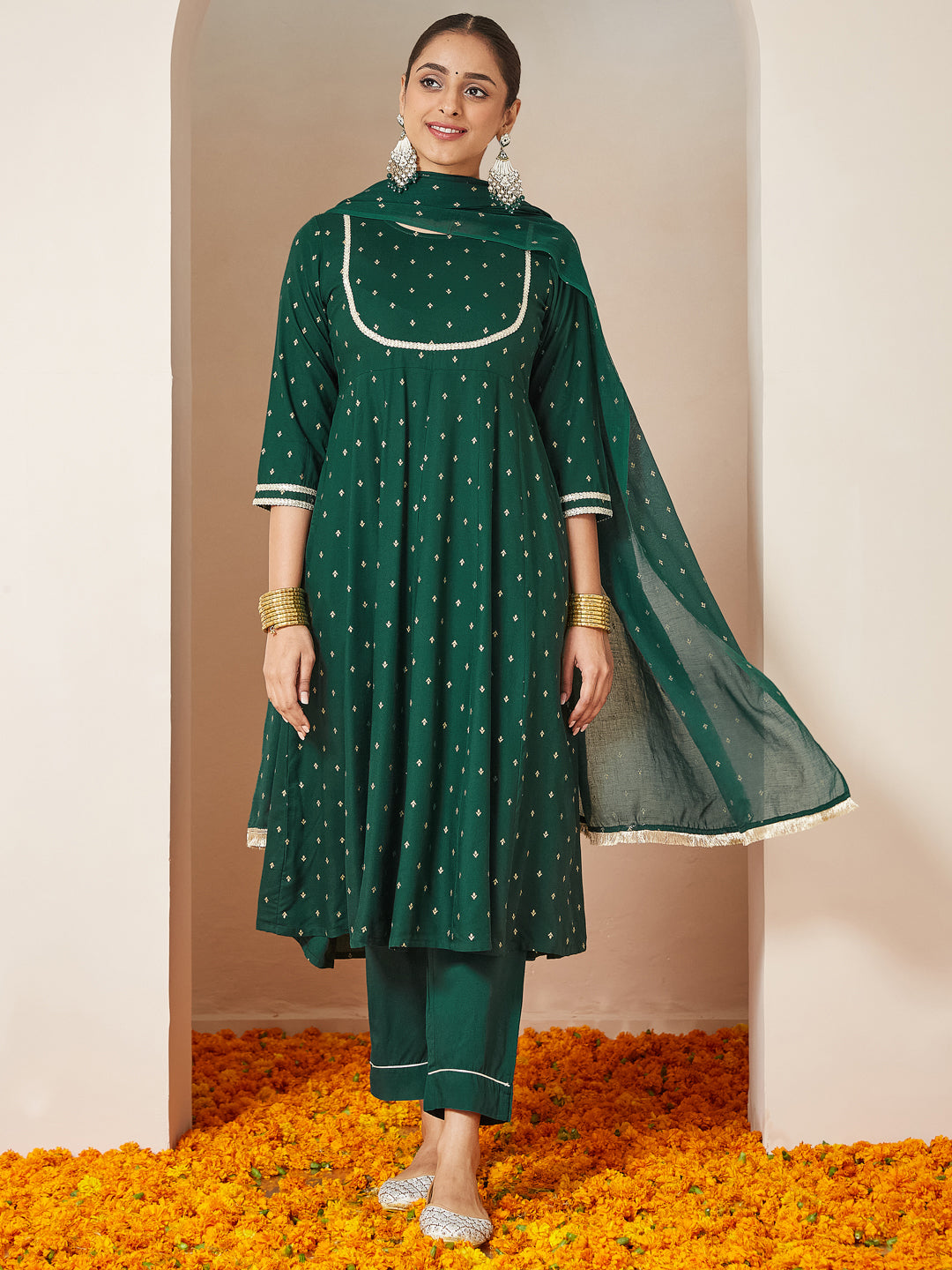 Janasya Women's Dark Green Rayon Gold Printed Anarkali Kurta Set