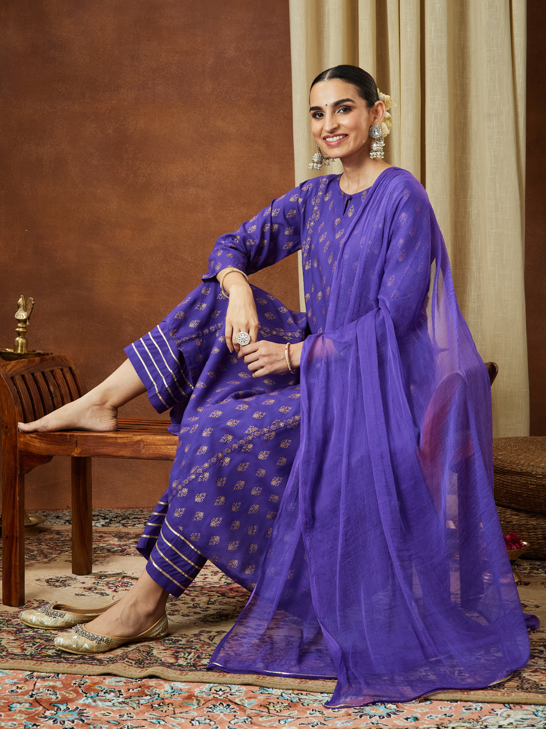 Janasya Women's Purple Rayon Ethnic Motifs Gold Printed A-line Kurta Set