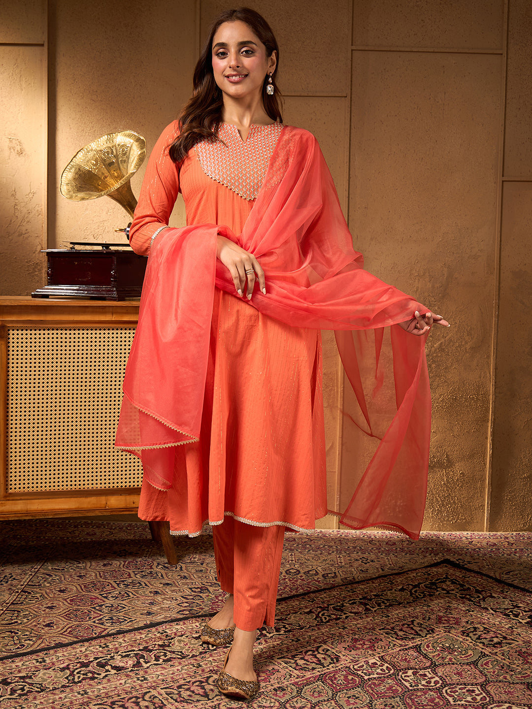 Janasya Women's Orange Pure Cotton Yoke Zari Embroidered A-line Kurta Set