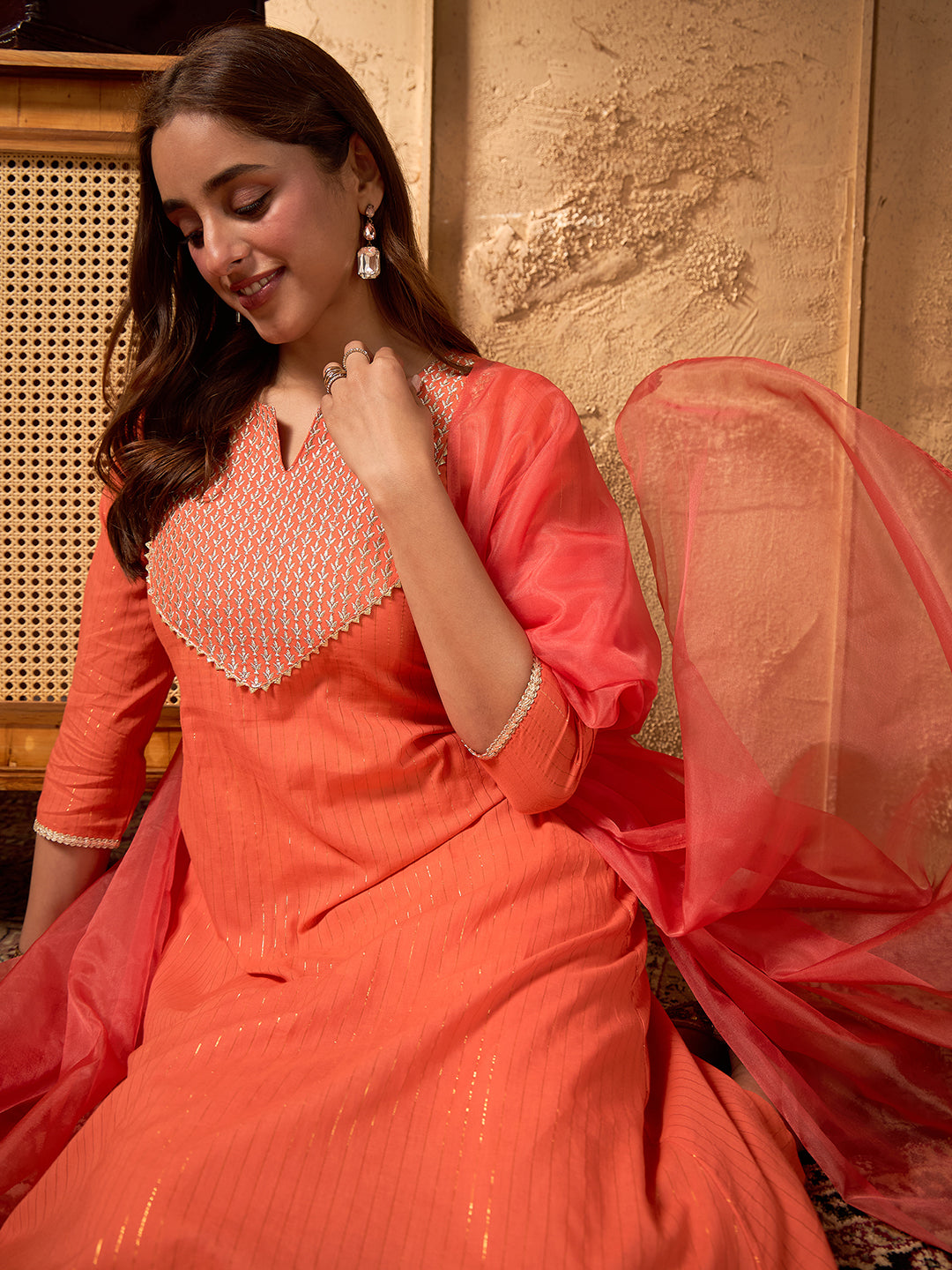 Janasya Women's Orange Pure Cotton Yoke Zari Embroidered A-line Kurta Set