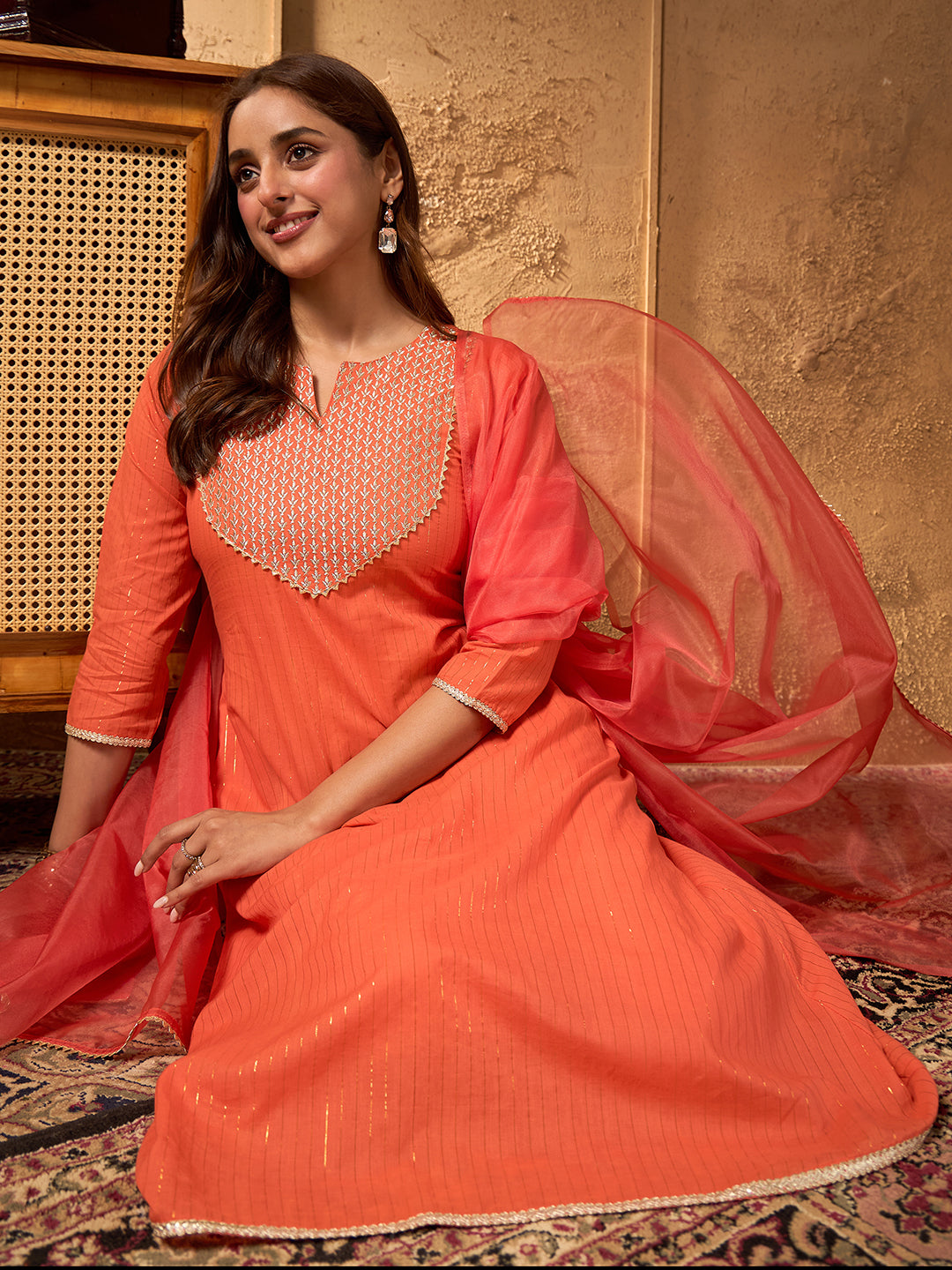 Janasya Women's Orange Pure Cotton Yoke Zari Embroidered A-line Kurta Set