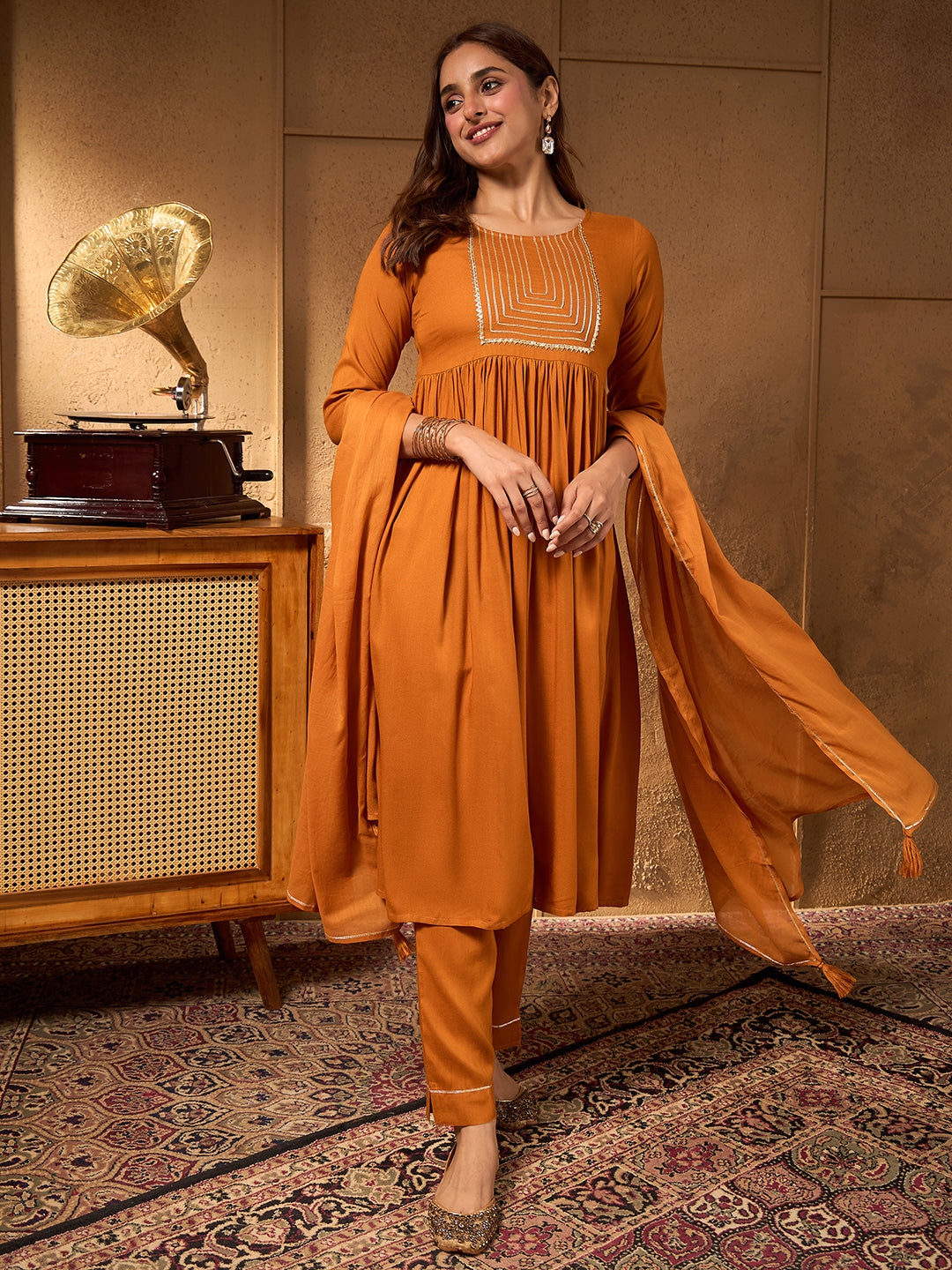 Janasya Women's Mustard Rayon Yoke Design A-Line Kurta Set