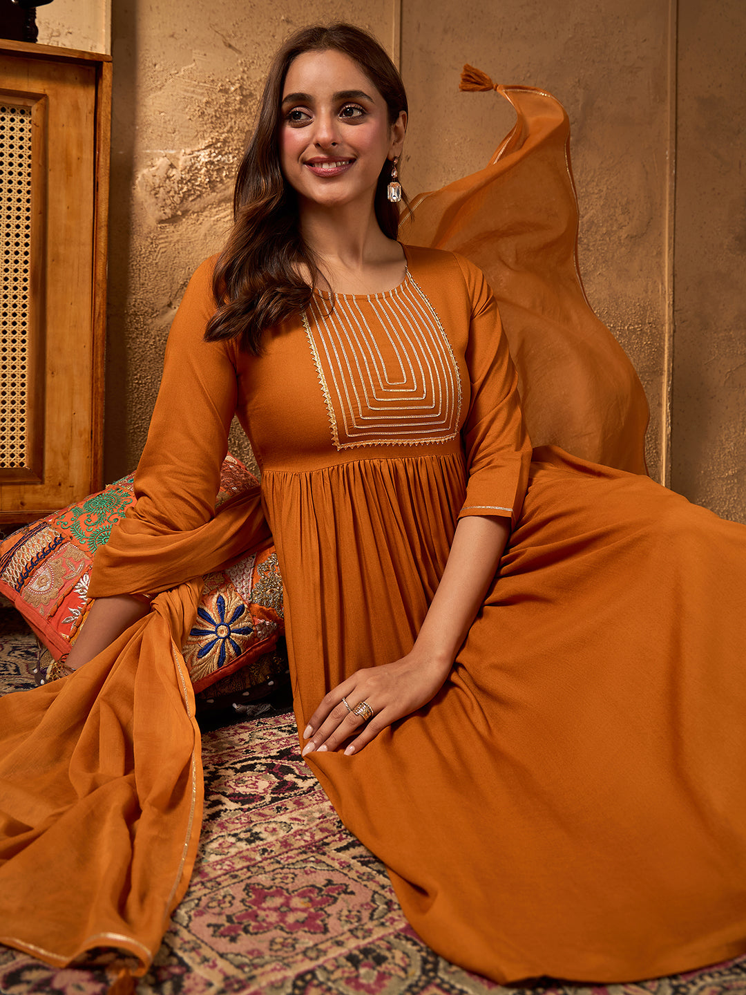 Janasya Women's Mustard Rayon Yoke Design A-Line Kurta Set