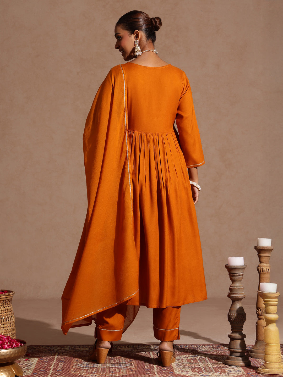 Janasya Women's Mustard Rayon Yoke Design A-line Kurta Set
