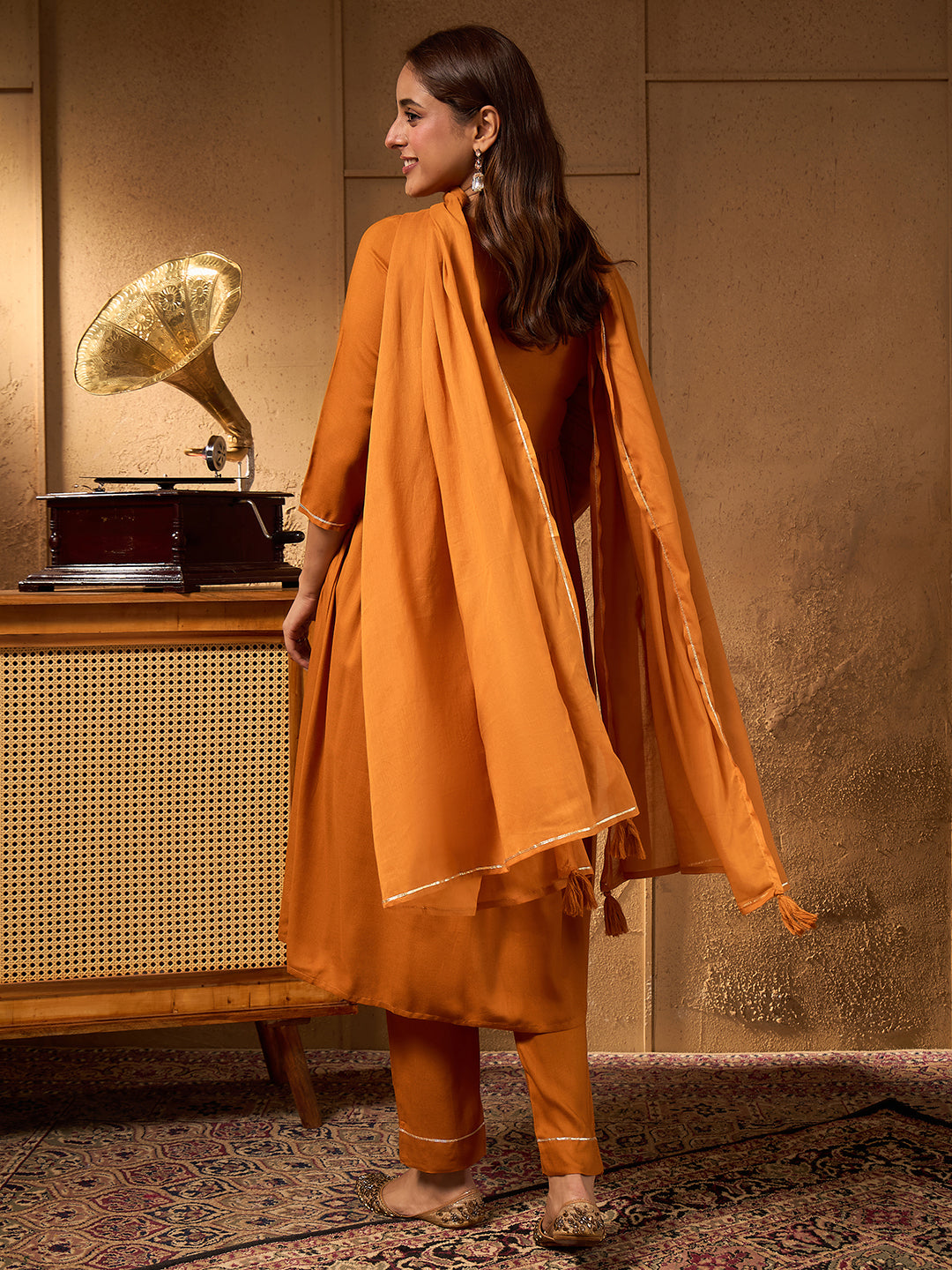 Janasya Women's Mustard Rayon Yoke Design A-Line Kurta Set