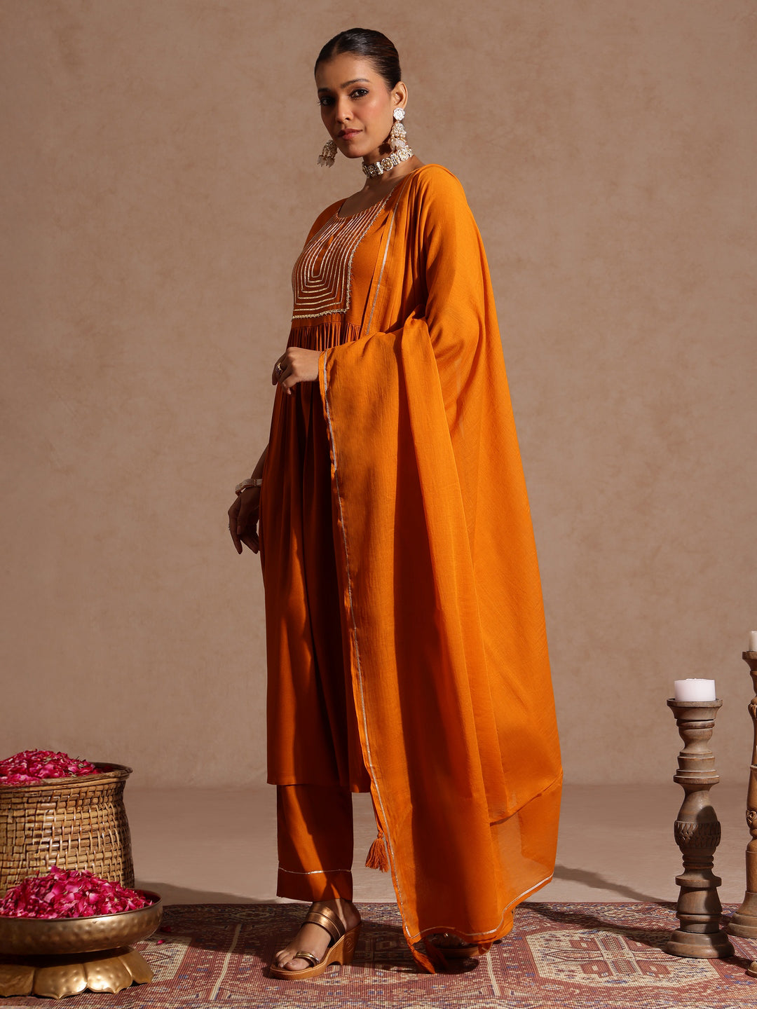 Janasya Women's Mustard Rayon Yoke Design A-line Kurta Set