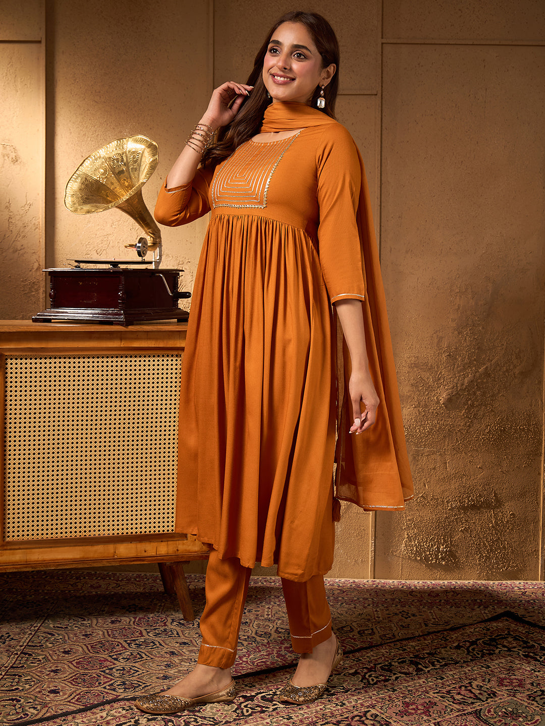 Janasya Women's Mustard Rayon Yoke Design A-Line Kurta Set