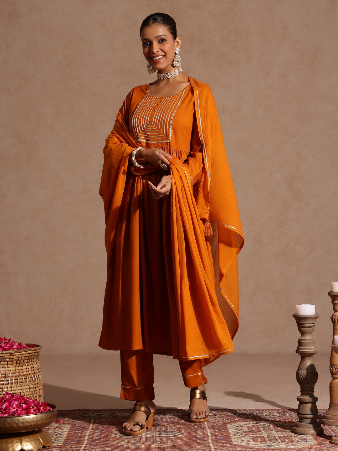 Janasya Women's Mustard Rayon Yoke Design A-line Kurta Set