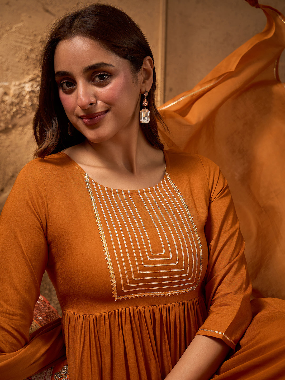 Janasya Women's Mustard Rayon Yoke Design A-Line Kurta Set