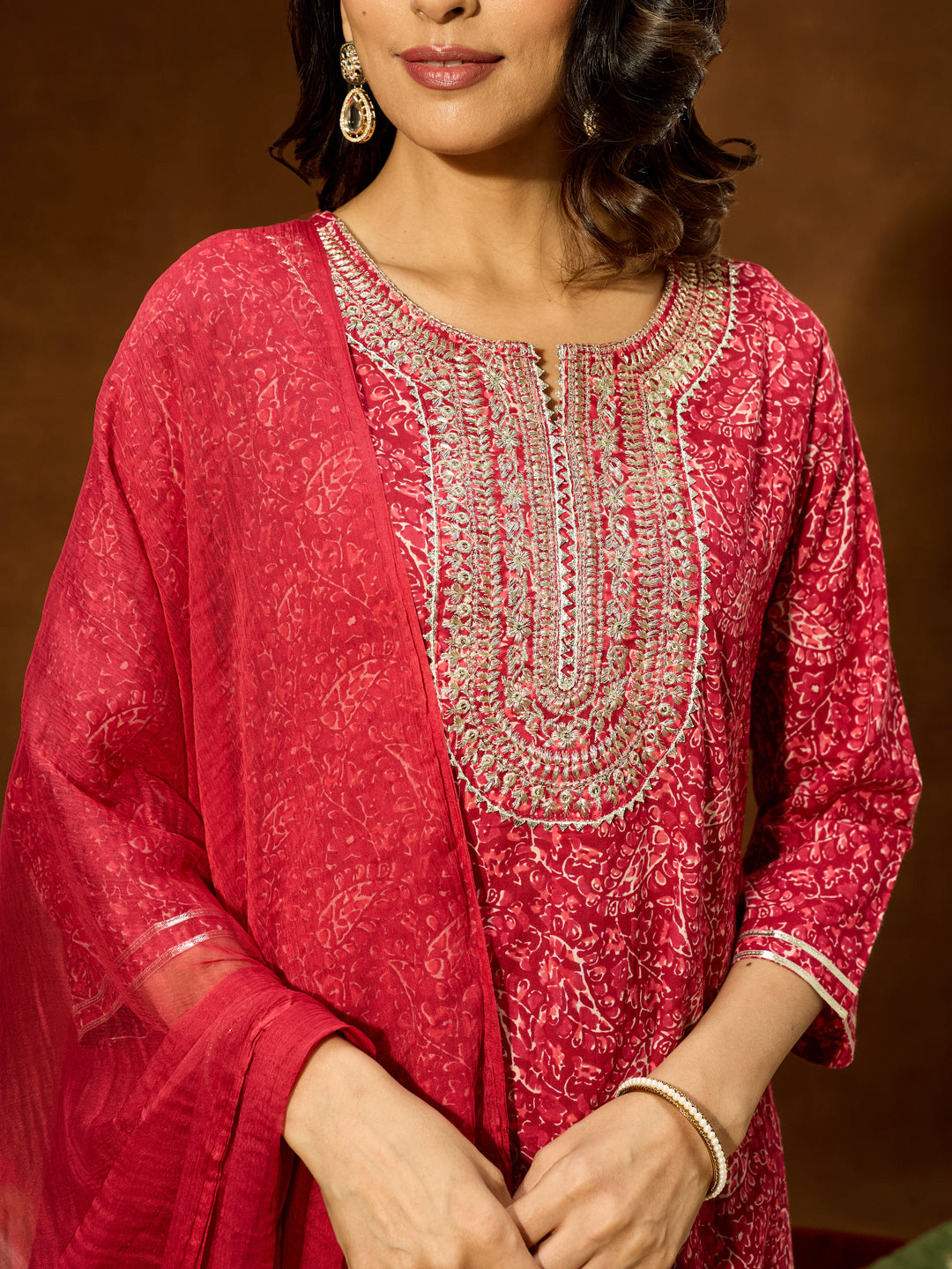 Janasya Women's Maroon Pure Cotton Floral Printed Yoke Embroidered Anarkali Kurta Set