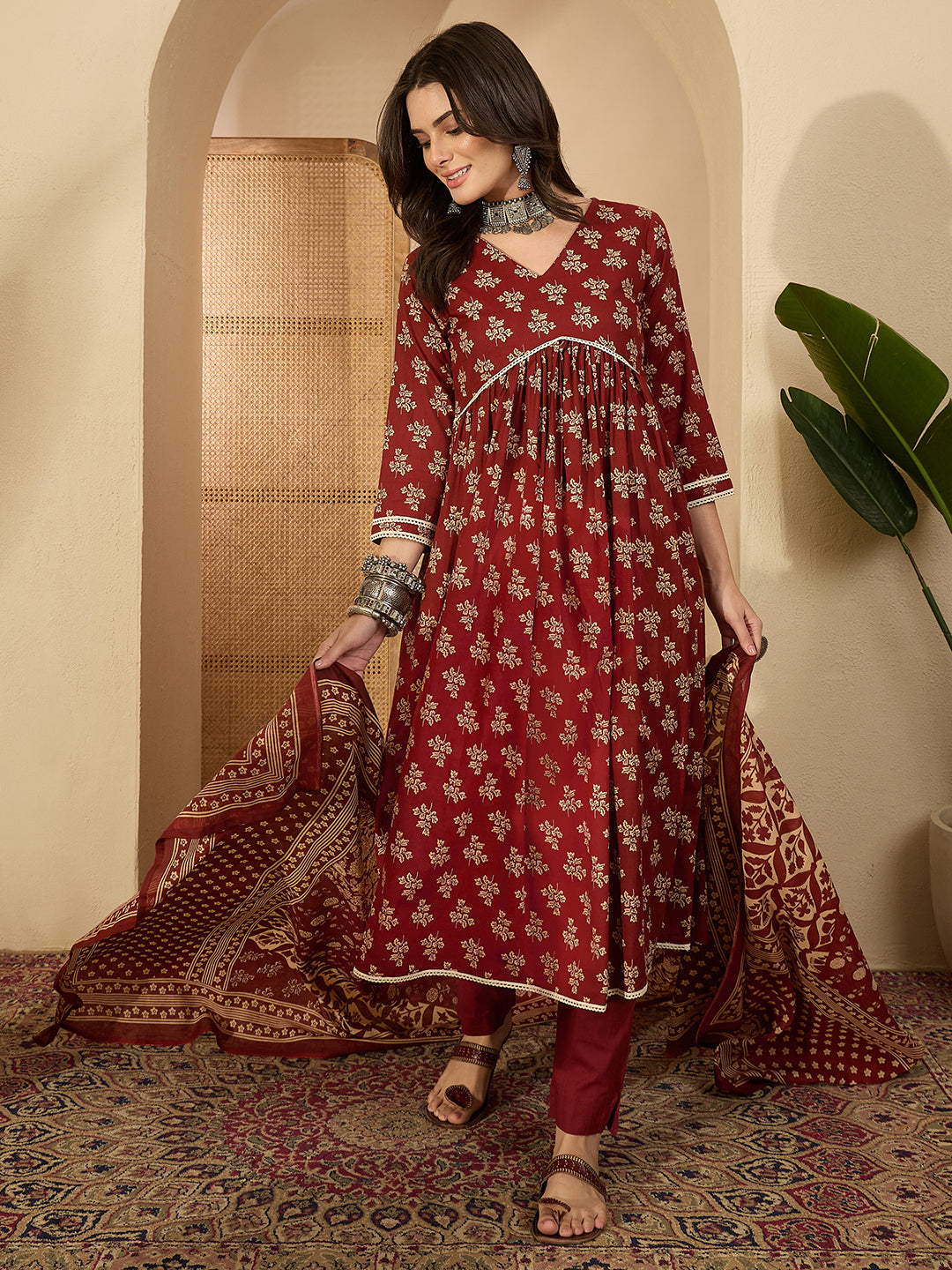 Janasya Women's Brown Pure Cotton Floral Printed A-Line Kurta Set