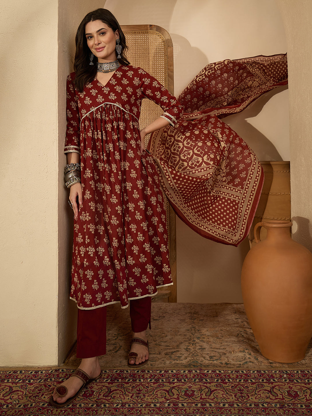 Janasya Women's Brown Pure Cotton Floral Printed A-Line Kurta Set