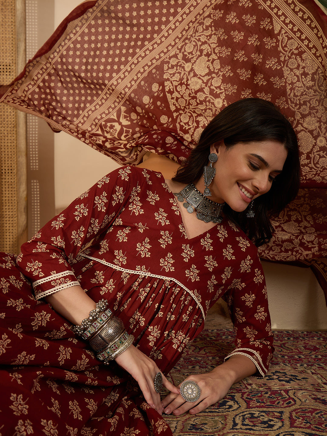 Janasya Women's Brown Pure Cotton Floral Printed A-Line Kurta Set