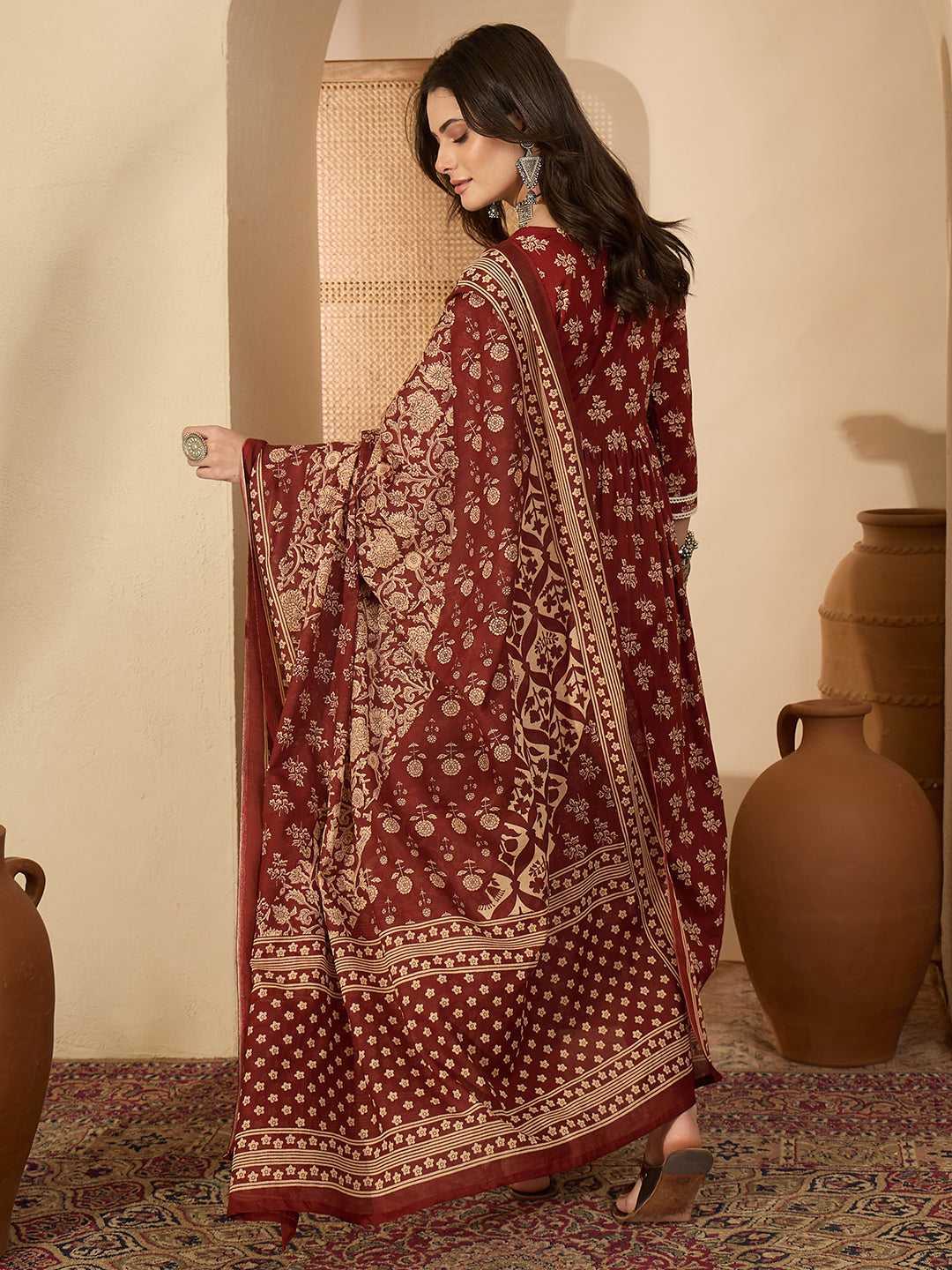 Janasya Women's Brown Pure Cotton Floral Printed A-Line Kurta Set