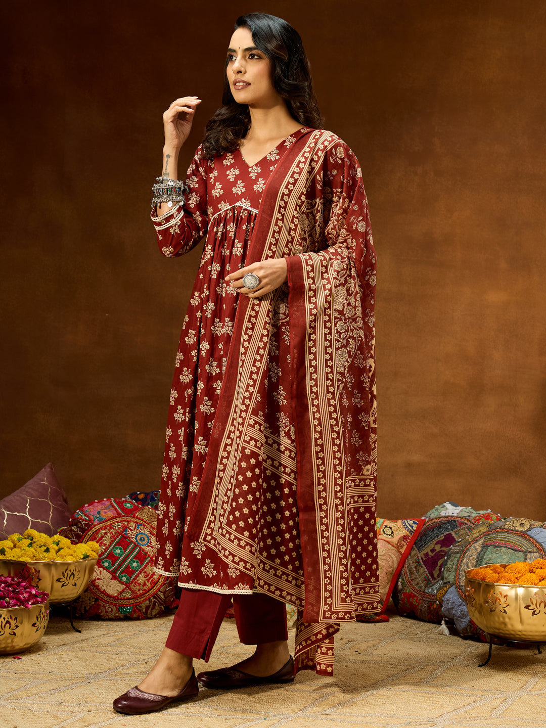 Janasya Women's Brown Pure Cotton Floral Printed A-line Kurta Set