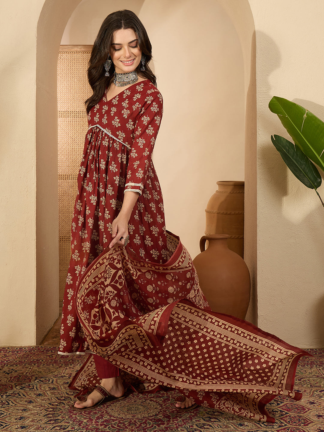 Janasya Women's Brown Pure Cotton Floral Printed A-Line Kurta Set
