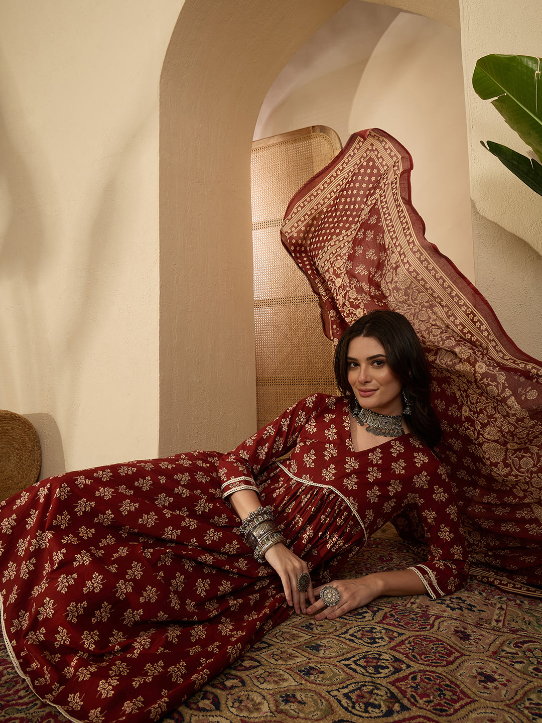 Janasya Women's Brown Pure Cotton Floral Printed A-Line Kurta Set