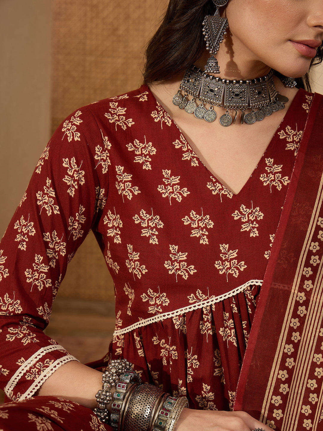 Janasya Women's Brown Pure Cotton Floral Printed A-Line Kurta Set