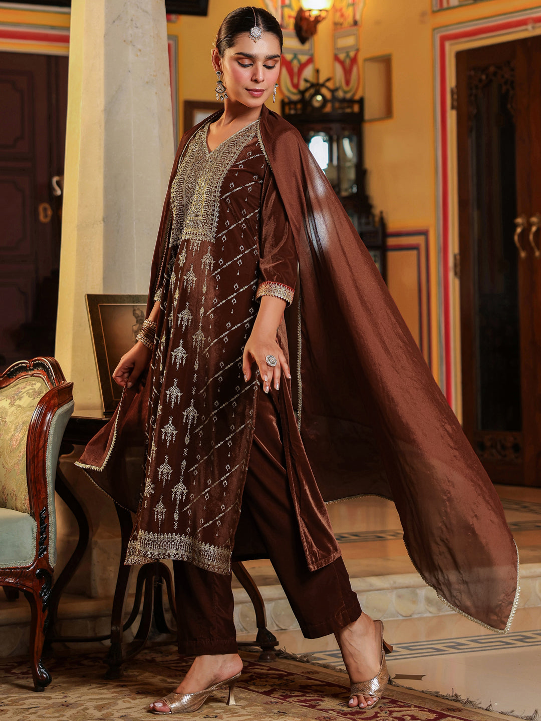 Janasya Women's Brown Velvet Embellished Gold Printed Straight Kurta Set